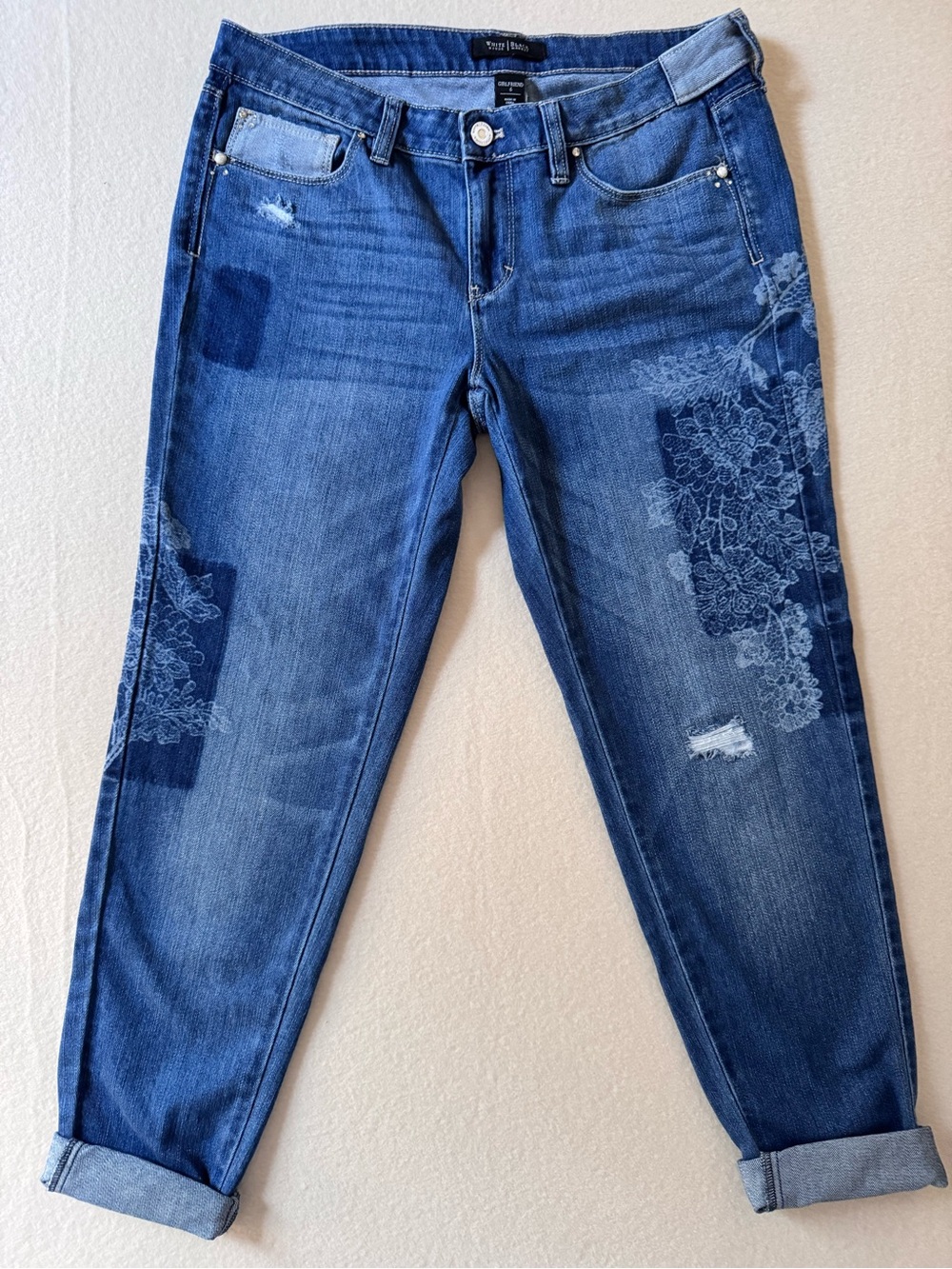 WHITE HOUSE BLACK MARKET Girlfriend Jeans Size 6 Embellished Patchwork Stretch